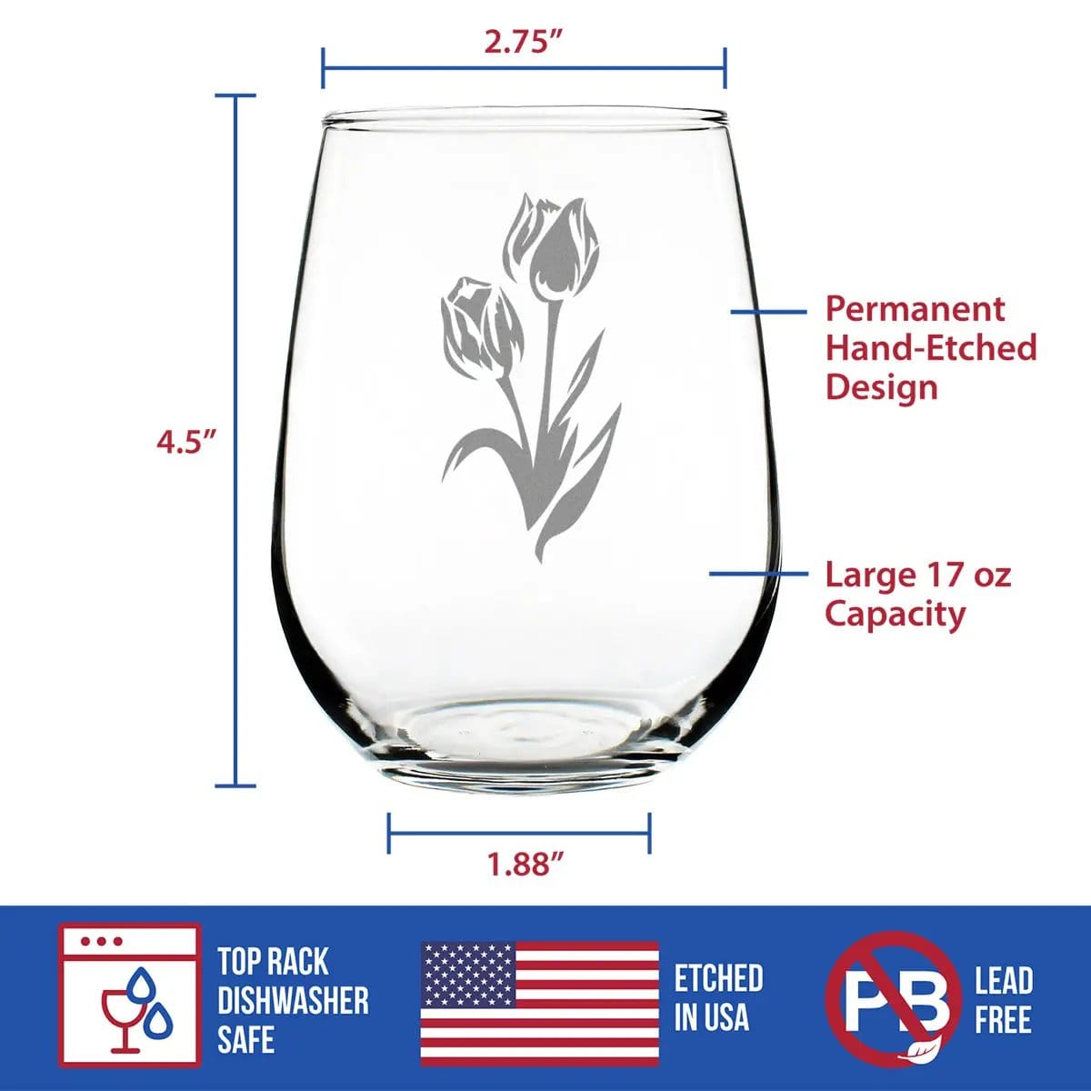 Etched Stemless Wine Glass | 17 oz | Dishwasher Safe | Tulip
