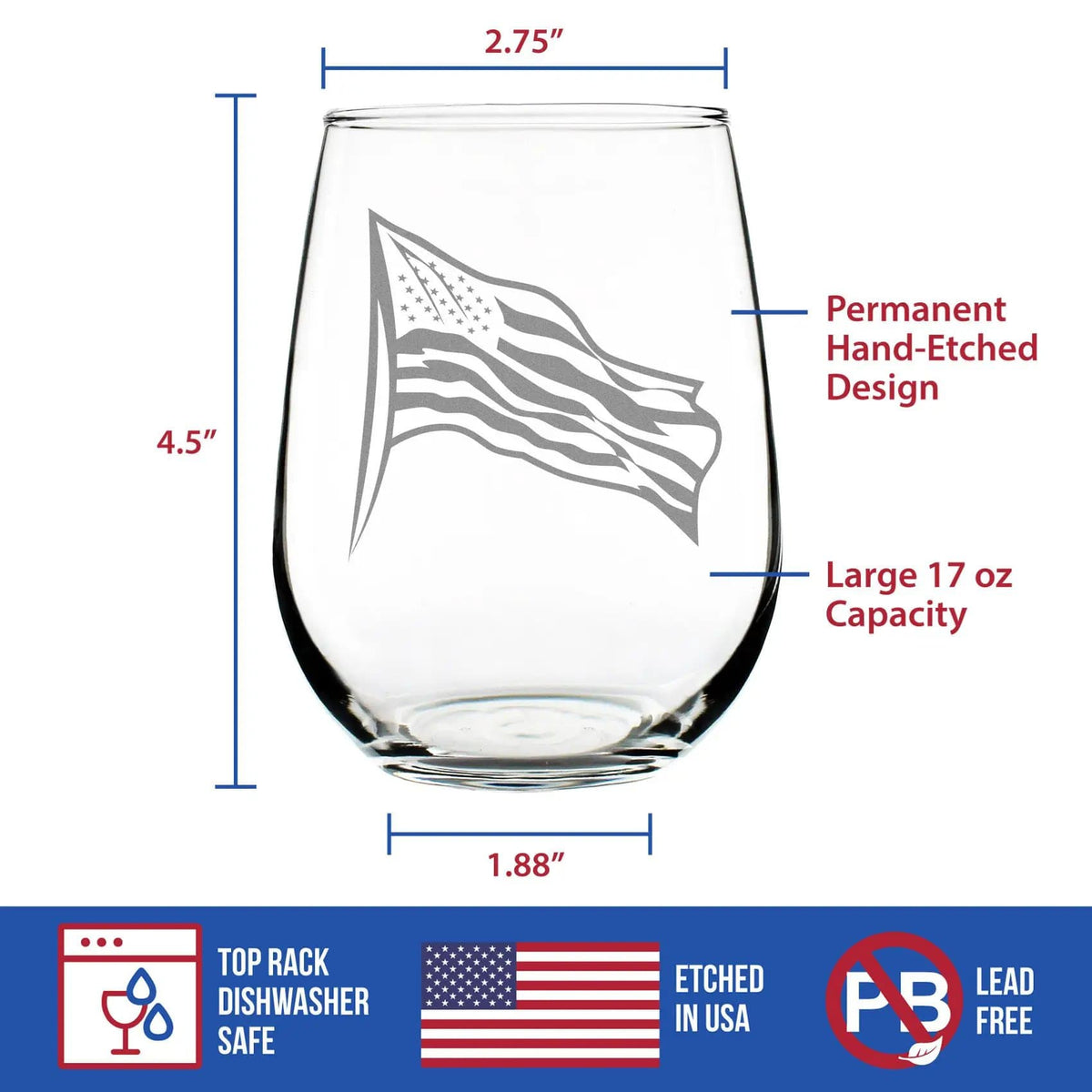 Etched Stemless Wine Glass | 17 oz | Dishwasher Safe | American Flag