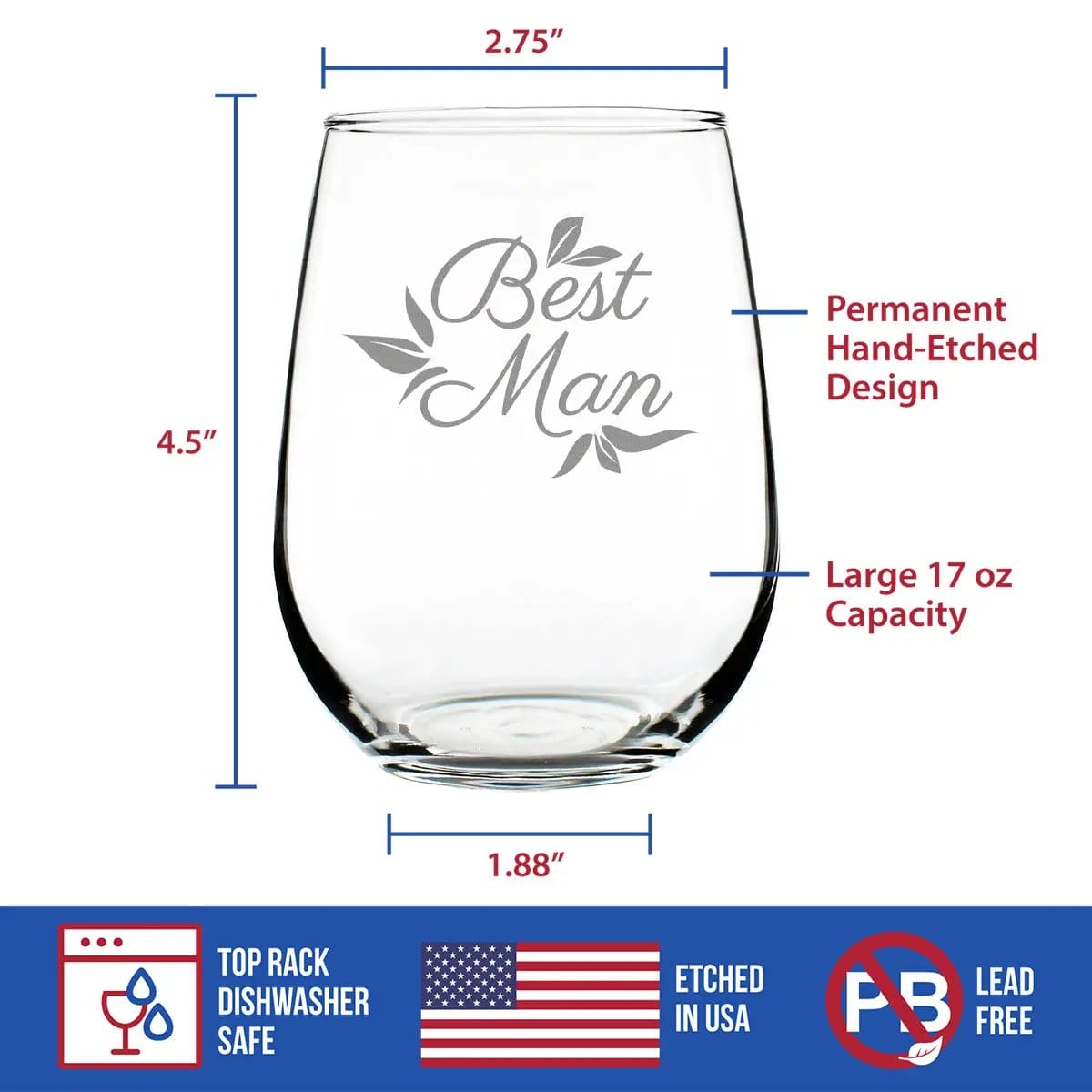 Etched Stemless Wine Glass | 17 oz | Dishwasher Safe | Best Man