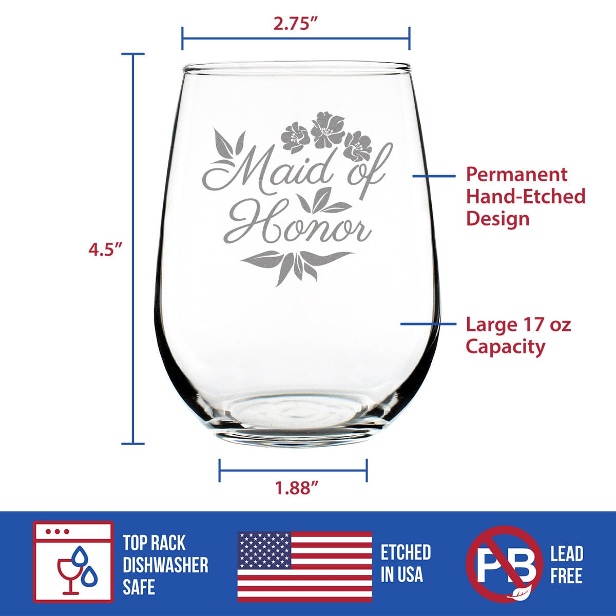 Etched Stemless Wine Glass | 17 oz | Dishwasher Safe | Maid of Honor