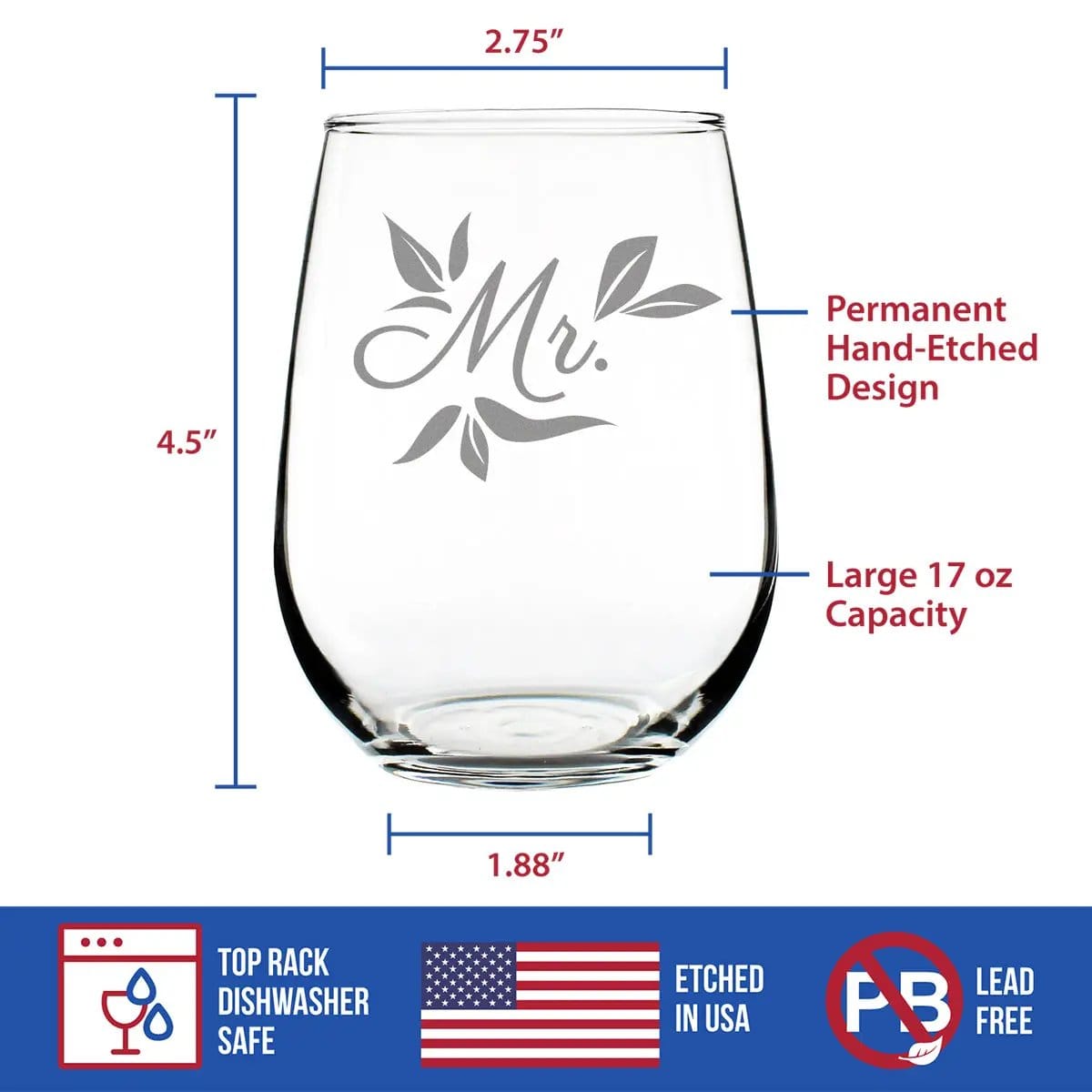 Etched Stemless Wine Glass | 17 oz | Dishwasher Safe | Mr.