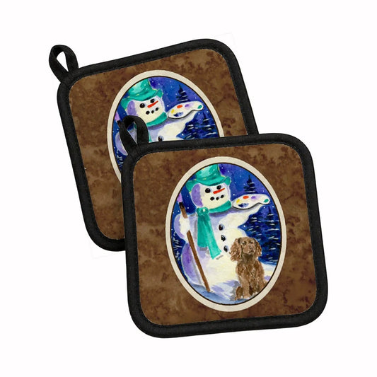Pot Holder Set of 2 | Heat Resistant Quilted Hot Pads | 7.5 x 7.5 Inch | English Springer Spaniel with Artist Snowman