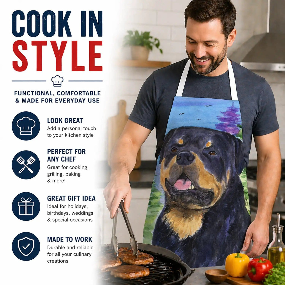 Kitchen Apron | Bib Style Unisex | 27"W x 30"H | Rottweiler