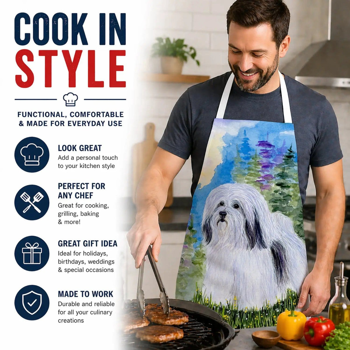 Kitchen Apron | Bib Style Unisex | 27"W x 30"H | Havanese
