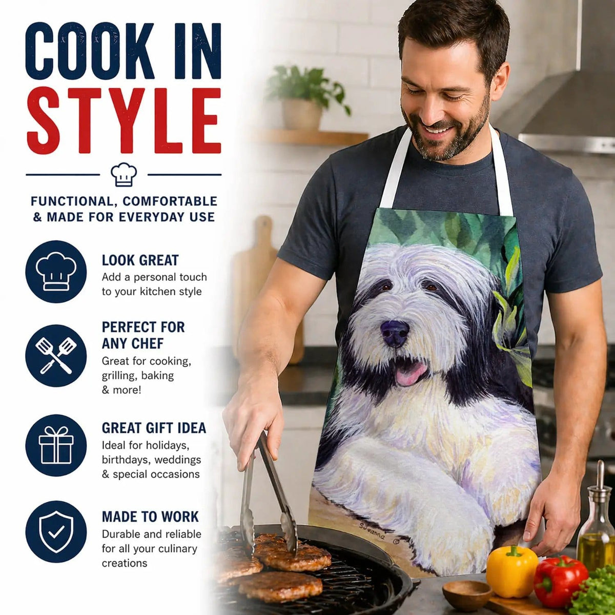 Kitchen Apron | Bib Style Unisex | 27"W x 30"H | Bearded Collie