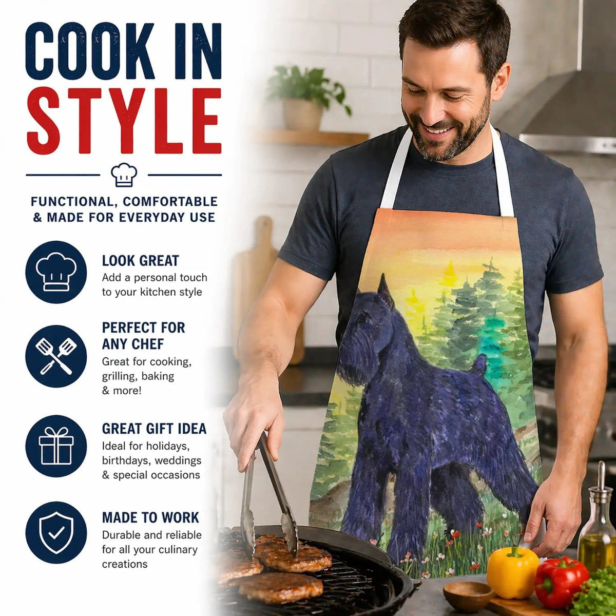 Kitchen Apron | Bib Style Unisex | 27"W x 30"H | Schnauzer (Style 2)