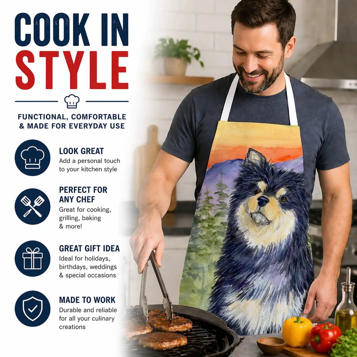 Kitchen Apron | Bib Style Unisex | 27"W x 30"H | Finnish Lapphund (Style 2)