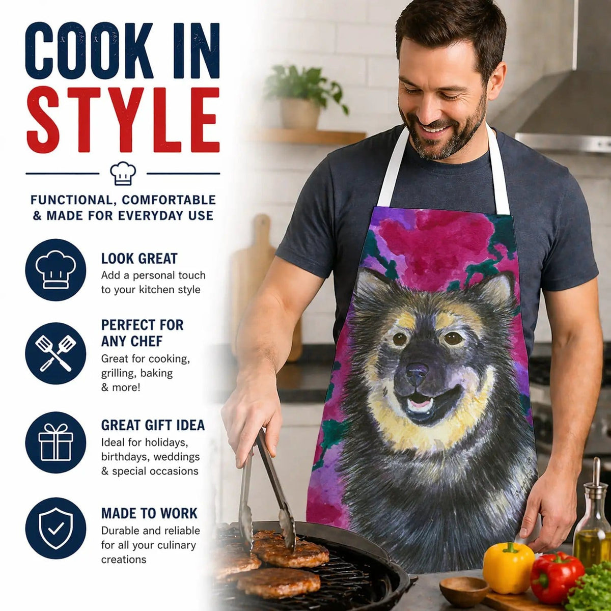 Kitchen Apron | Bib Style Unisex | 27"W x 30"H | Finnish Lapphund (Style 3)