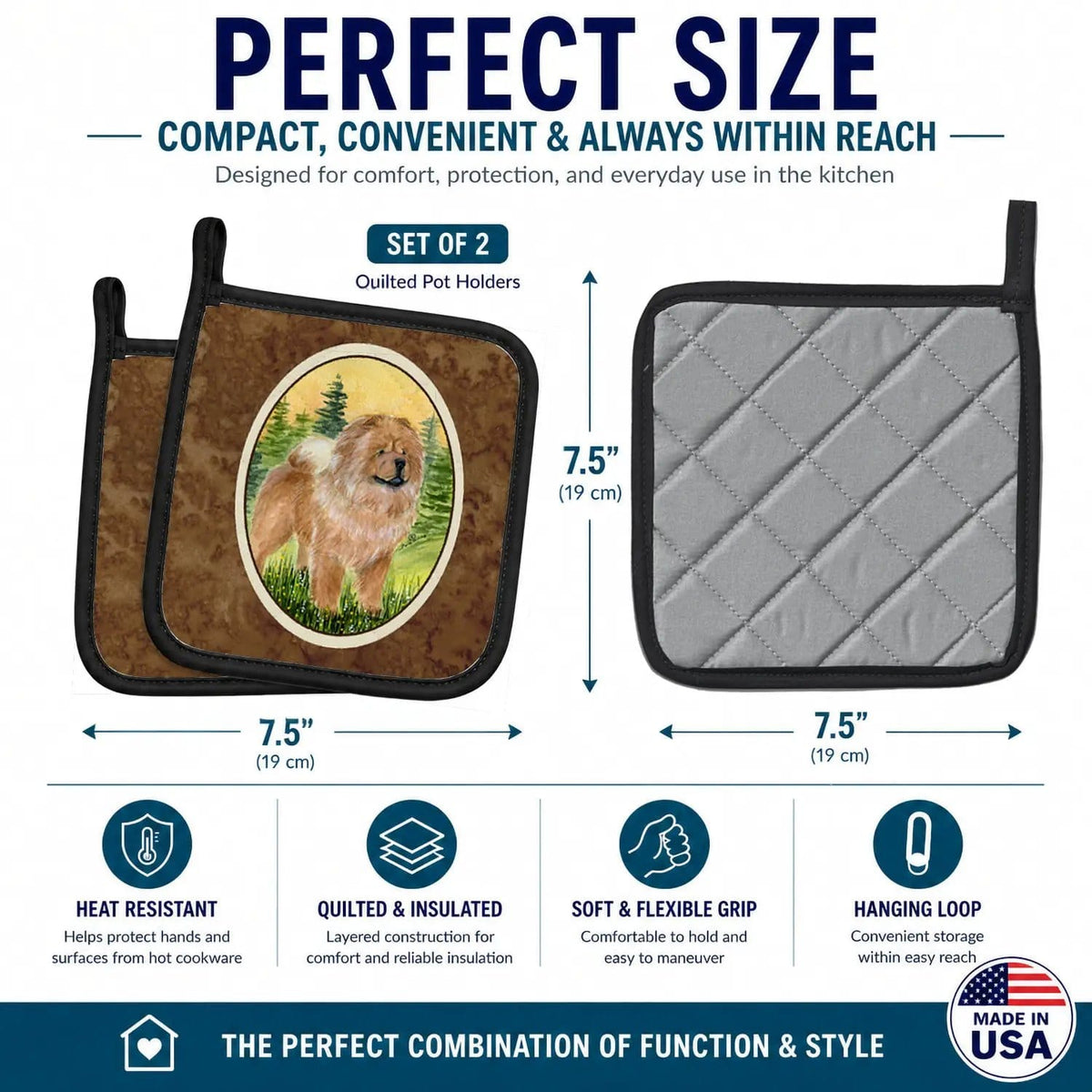 Pot Holder Set of 2 | Heat Resistant Quilted Hot Pads | 7.5 x 7.5 Inch | Chow Chow (Style 8)