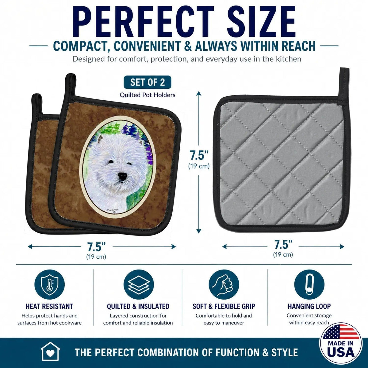 Pot Holder Set of 2 | Heat Resistant Quilted Hot Pads | 7.5 x 7.5 Inch | Westie (Style 10)