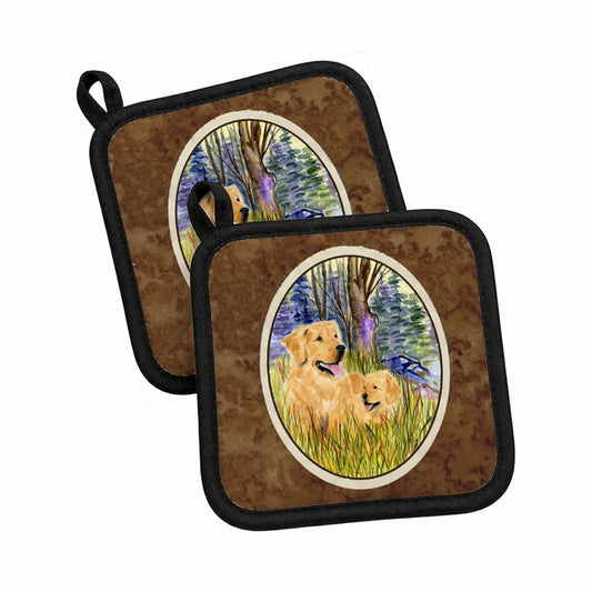 Pot Holder Set of 2 | Heat Resistant Quilted Hot Pads | 7.5 x 7.5 Inch | Golden Retriever (Style 29)