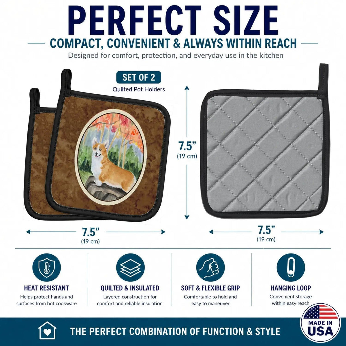 Pot Holder Set of 2 | Heat Resistant Quilted Hot Pads | 7.5 x 7.5 Inch | Corgi (Style 13)
