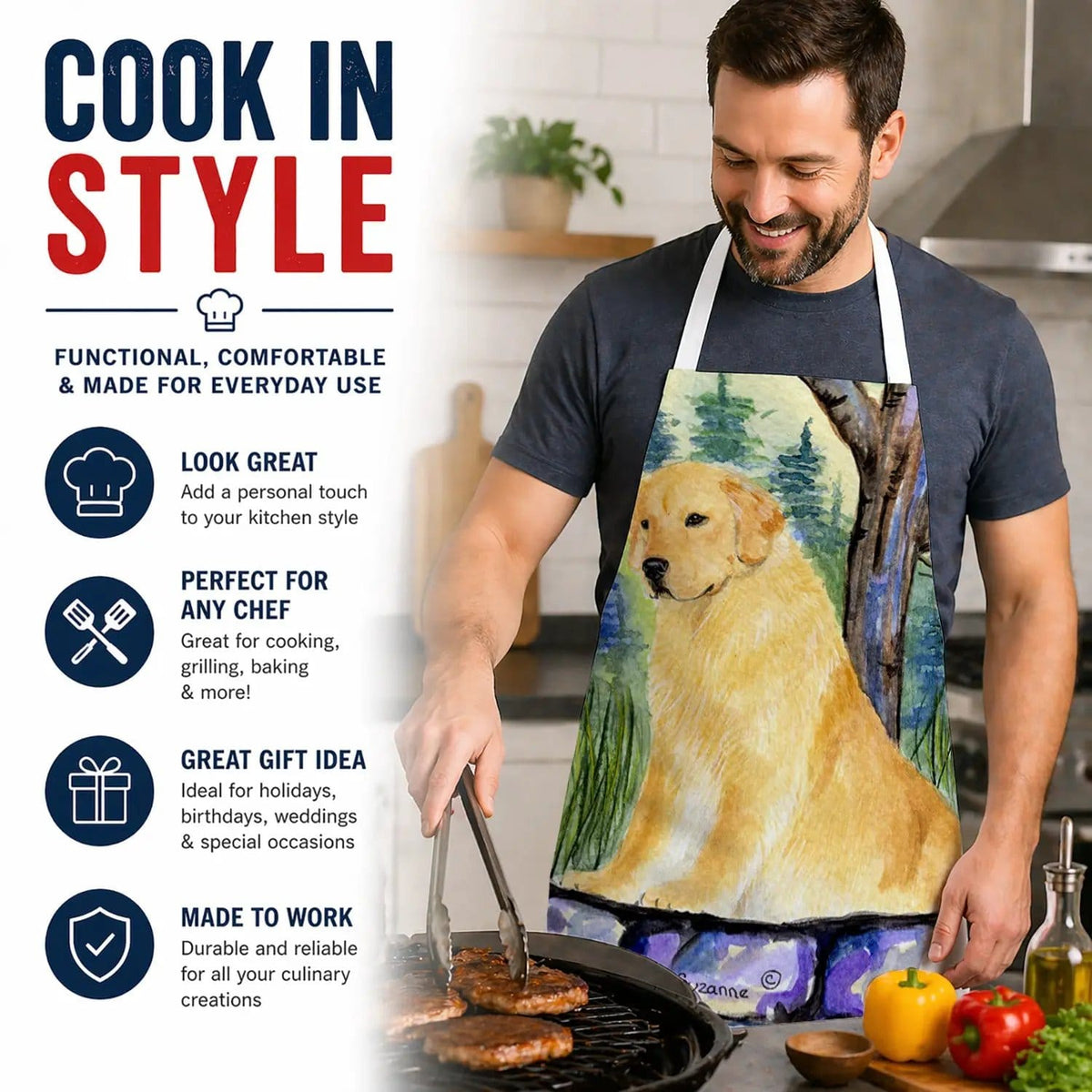 Kitchen Apron | Bib Style Unisex | 27"W x 30"H | Golden Retriever