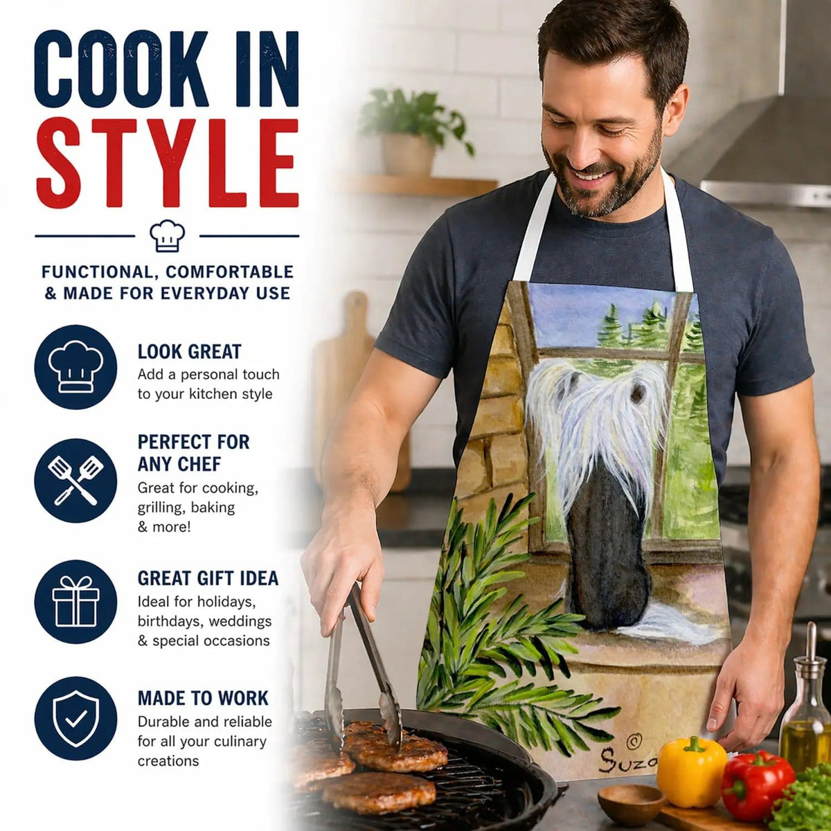 Kitchen Apron | Bib Style Unisex | 27"W x 30"H | Chinese Crested