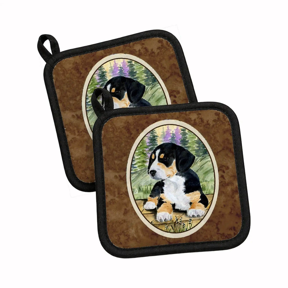 Pot Holder Set of 2 | Heat Resistant Quilted Hot Pads | 7.5 x 7.5 Inch | Entlebucher Mountain Dog (Style 3)