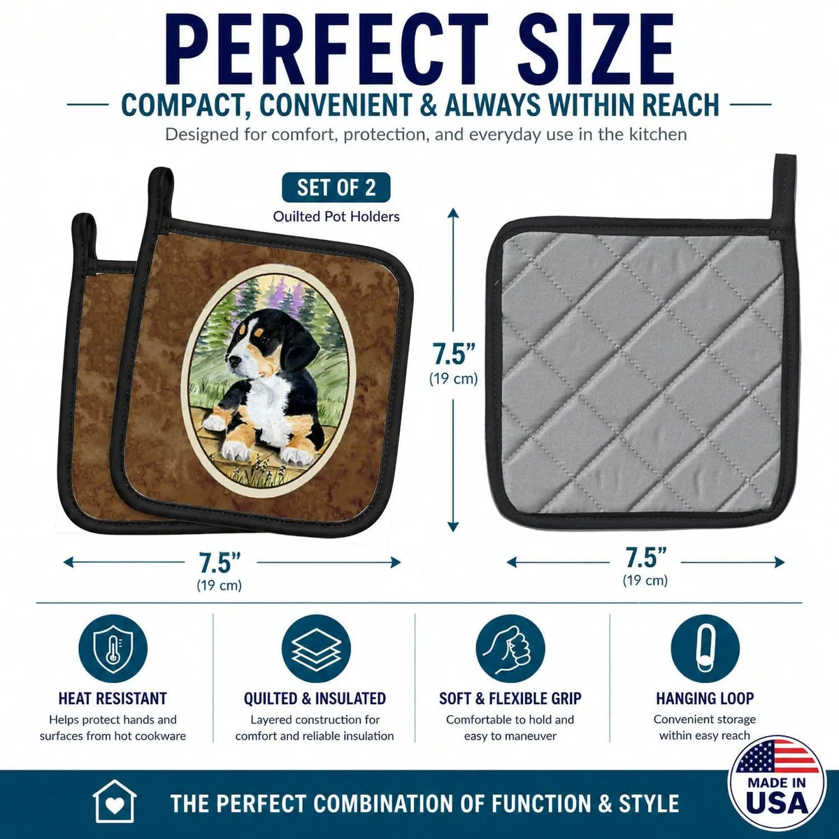 Pot Holder Set of 2 | Heat Resistant Quilted Hot Pads | 7.5 x 7.5 Inch | Entlebucher Mountain Dog (Style 3)