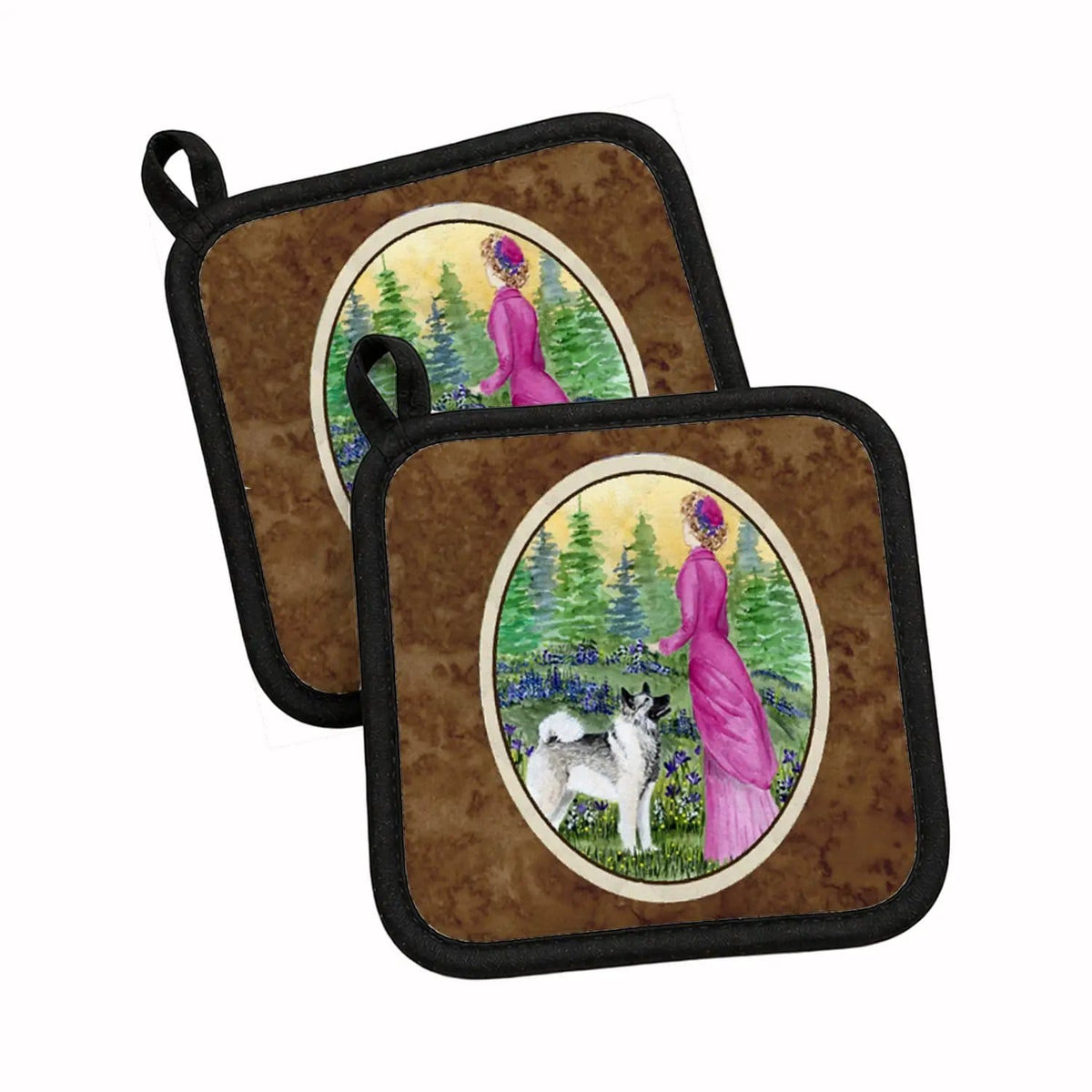 Pot Holder Set of 2 | Heat Resistant Quilted Hot Pads | 7.5 x 7.5 Inch | Lady with her Norwegian Elkhound
