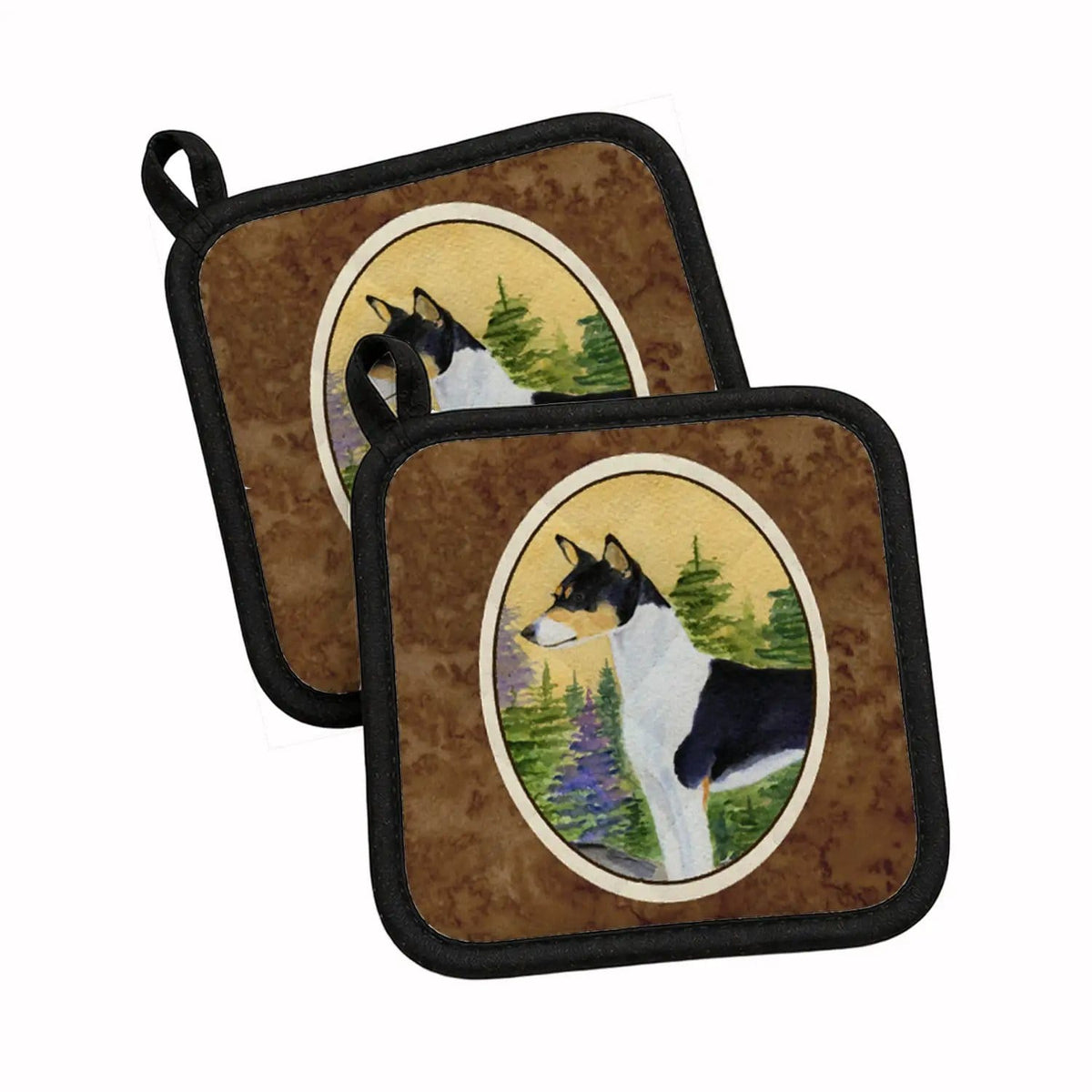 Pot Holder Set of 2 | Heat Resistant Quilted Hot Pads | 7.5 x 7.5 Inch | Basenji (Style 6)