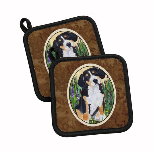 Pot Holder Set of 2 | Heat Resistant Quilted Hot Pads | 7.5 x 7.5 Inch | Entlebucher Mountain Dog (Style 2)