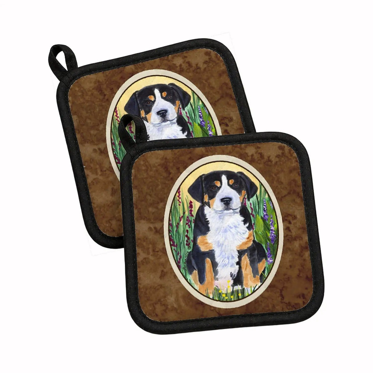 Pot Holder Set of 2 | Heat Resistant Quilted Hot Pads | 7.5 x 7.5 Inch | Greater Swiss Mountain Dog (Style 3)
