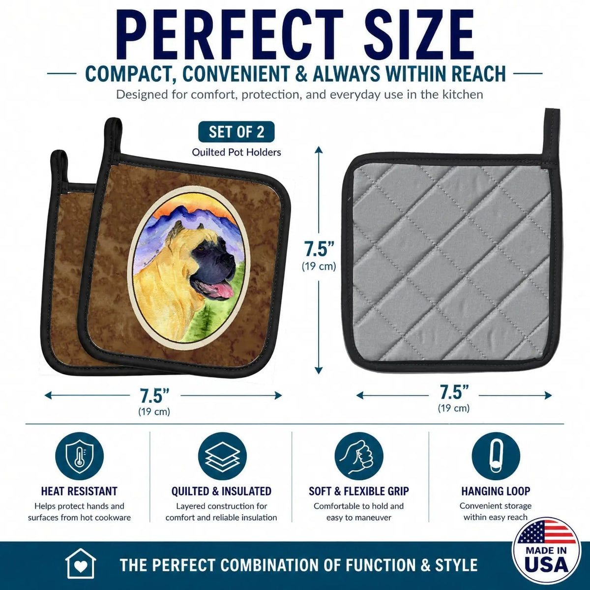 Pot Holder Set of 2 | Heat Resistant Quilted Hot Pads | 7.5 x 7.5 Inch | Cane Corso (Style 3)