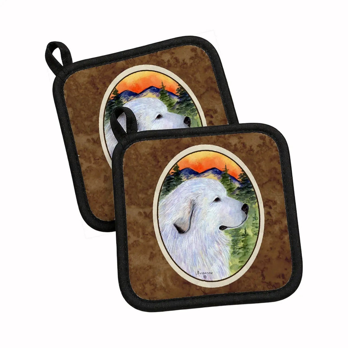 Pot Holder Set of 2 | Heat Resistant Quilted Hot Pads | 7.5 x 7.5 Inch | Great Pyrenees (Style 14)