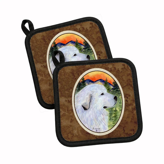 Pot Holder Set of 2 | Heat Resistant Quilted Hot Pads | 7.5 x 7.5 Inch | Great Pyrenees (Style 14)