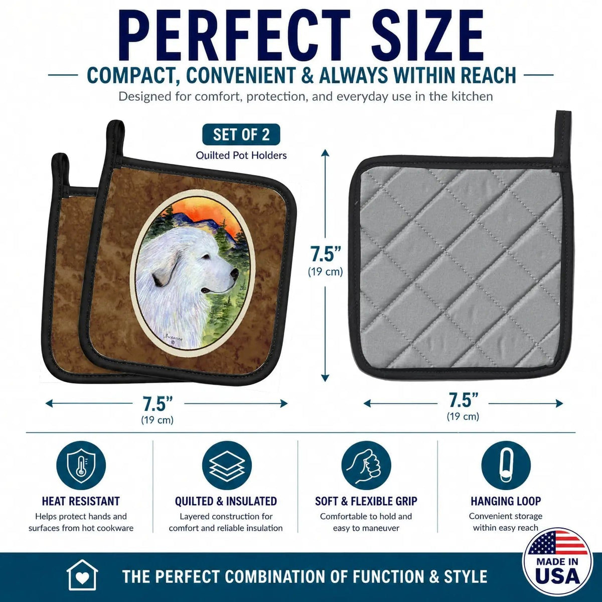 Pot Holder Set of 2 | Heat Resistant Quilted Hot Pads | 7.5 x 7.5 Inch | Great Pyrenees (Style 14)