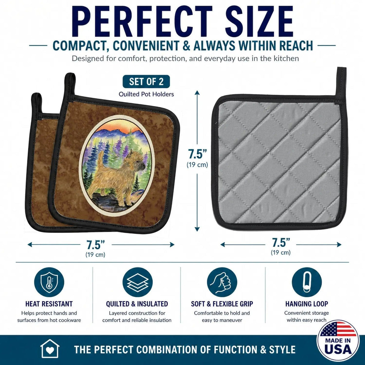 Pot Holder Set of 2 | Heat Resistant Quilted Hot Pads | 7.5 x 7.5 Inch | Cairn Terrier (Style 6)