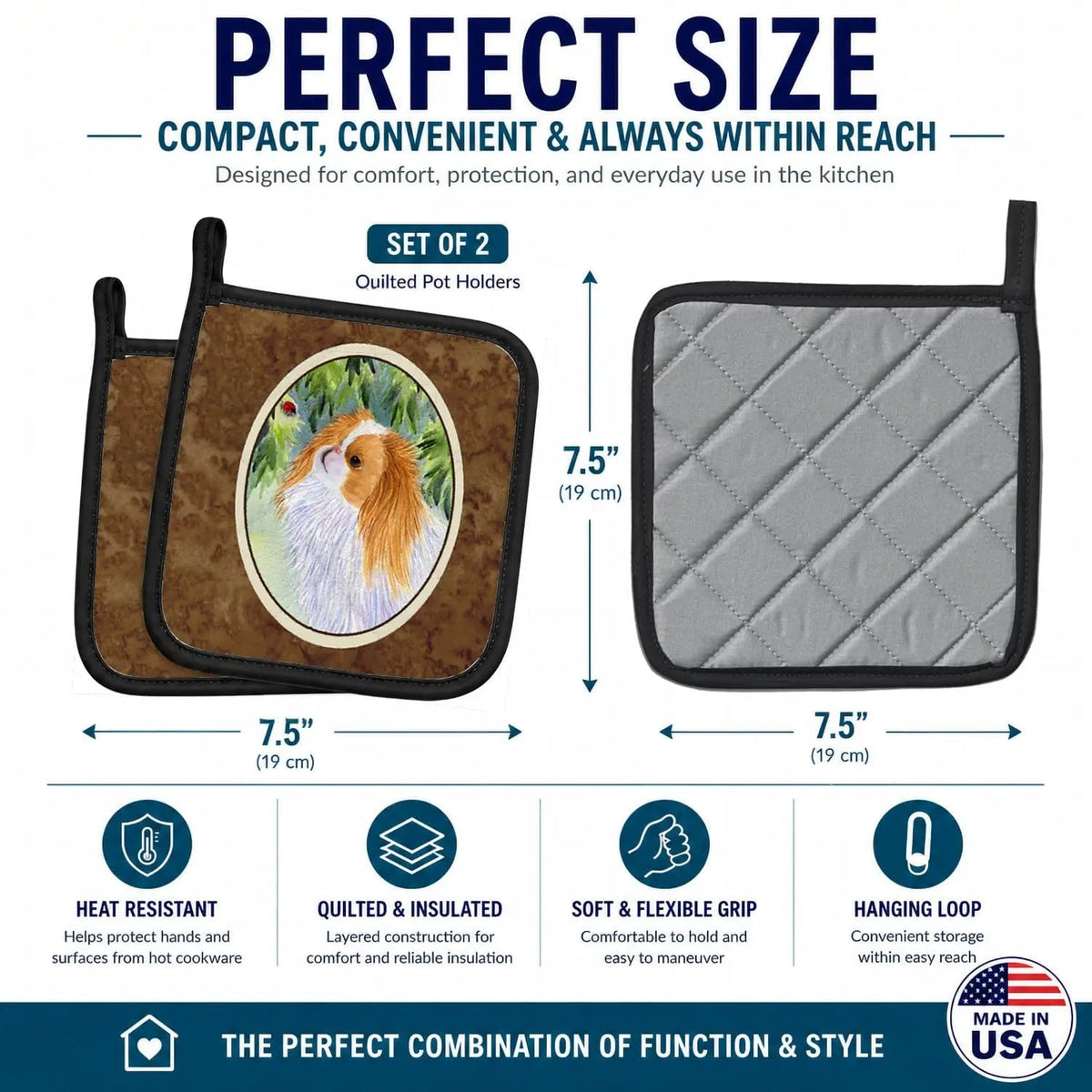 Pot Holder Set of 2 | Heat Resistant Quilted Hot Pads | 7.5 x 7.5 Inch | Japanese Chin (Style 7)