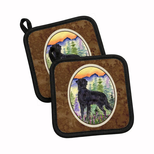 Pot Holder Set of 2 | Heat Resistant Quilted Hot Pads | 7.5 x 7.5 Inch | Flat Coated Retriever (Style 2)