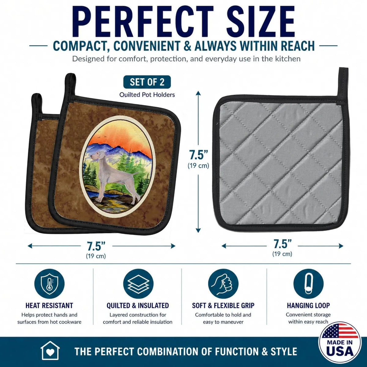 Pot Holder Set of 2 | Heat Resistant Quilted Hot Pads | 7.5 x 7.5 Inch | Weimaraner (Style 2)
