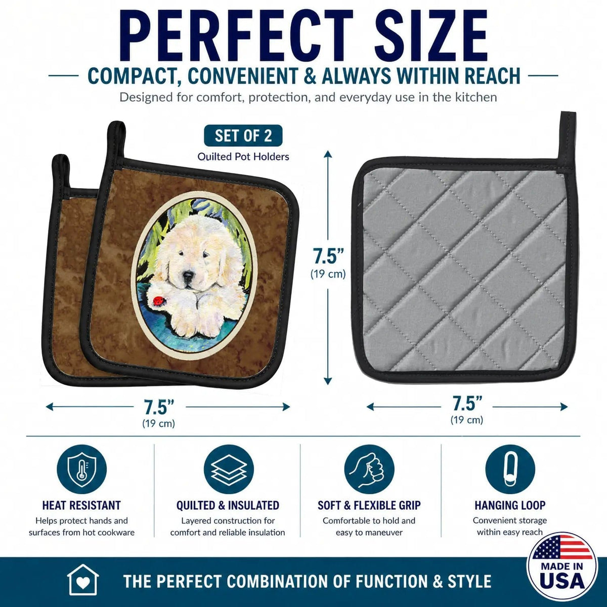 Pot Holder Set of 2 | Heat Resistant Quilted Hot Pads | 7.5 x 7.5 Inch | Golden Retriever (Style 32)
