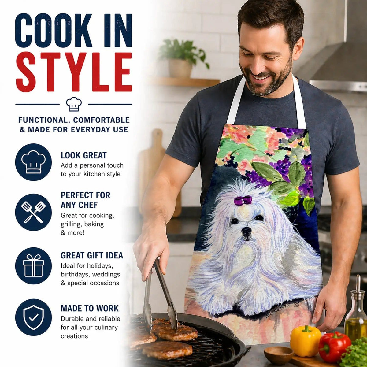 Kitchen Apron | Bib Style Unisex | 27"W x 30"H | Maltese