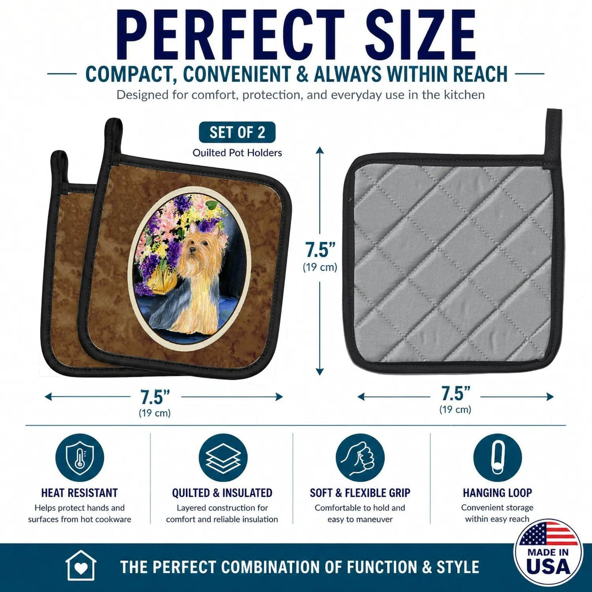 Pot Holder Set of 2 | Heat Resistant Quilted Hot Pads | 7.5 x 7.5 Inch | Silky Terrier (Style 3)