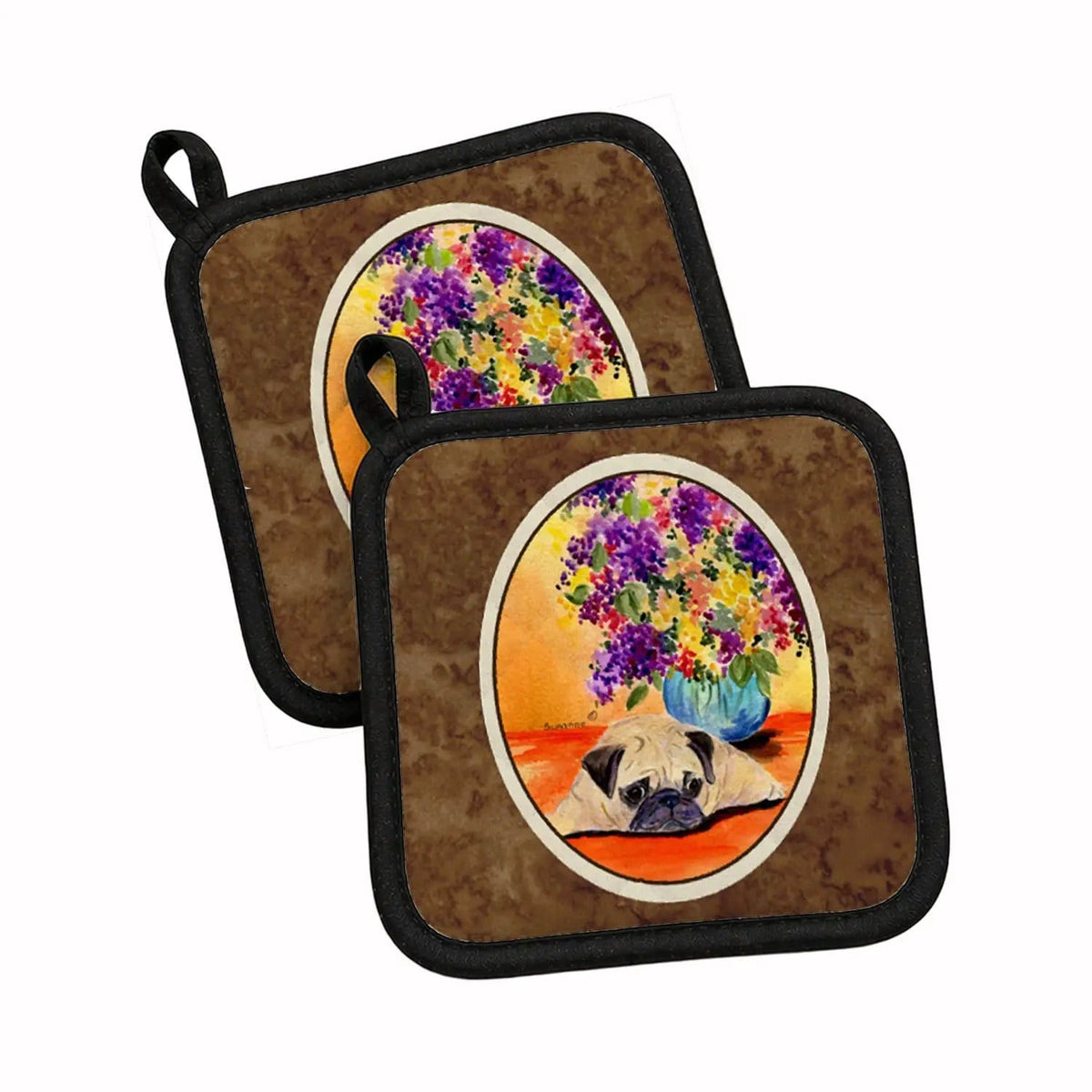Pot Holder Set of 2 | Heat Resistant Quilted Hot Pads | 7.5 x 7.5 Inch | Pug (Style 3)