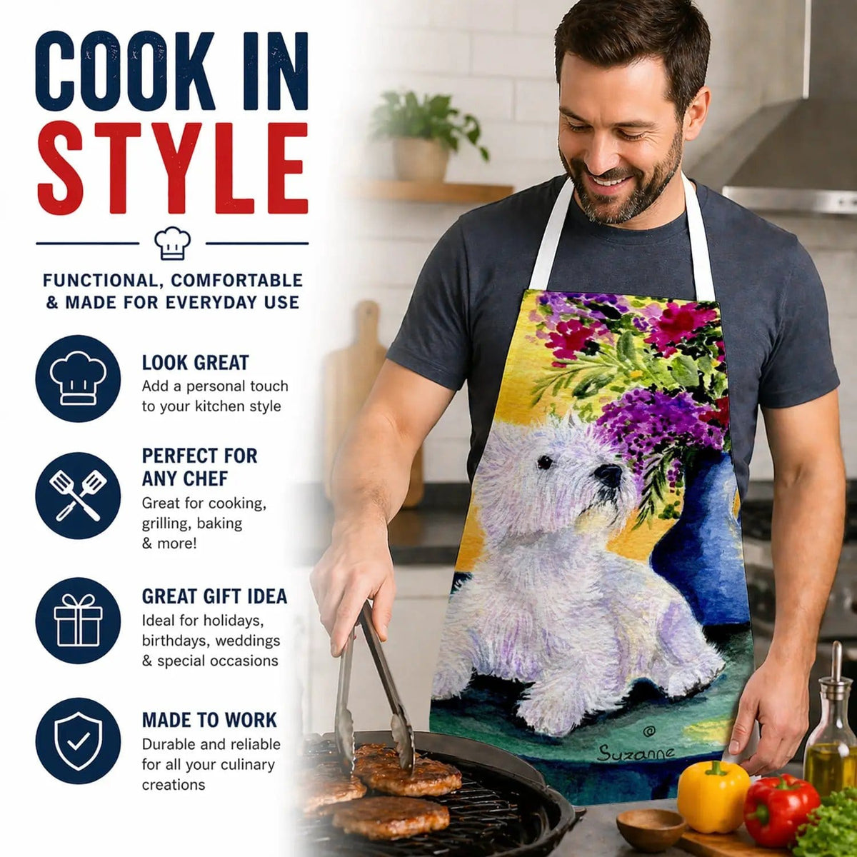 Kitchen Apron | Bib Style Unisex | 27"W x 30"H | Westie (Style 6)