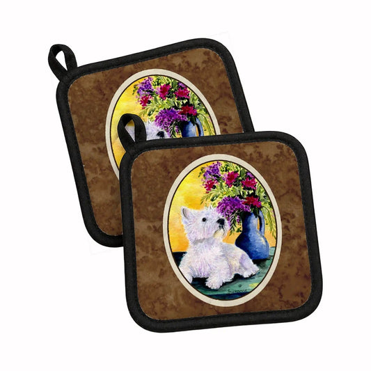 Pot Holder Set of 2 | Heat Resistant Quilted Hot Pads | 7.5 x 7.5 Inch | Westie (Style 14)