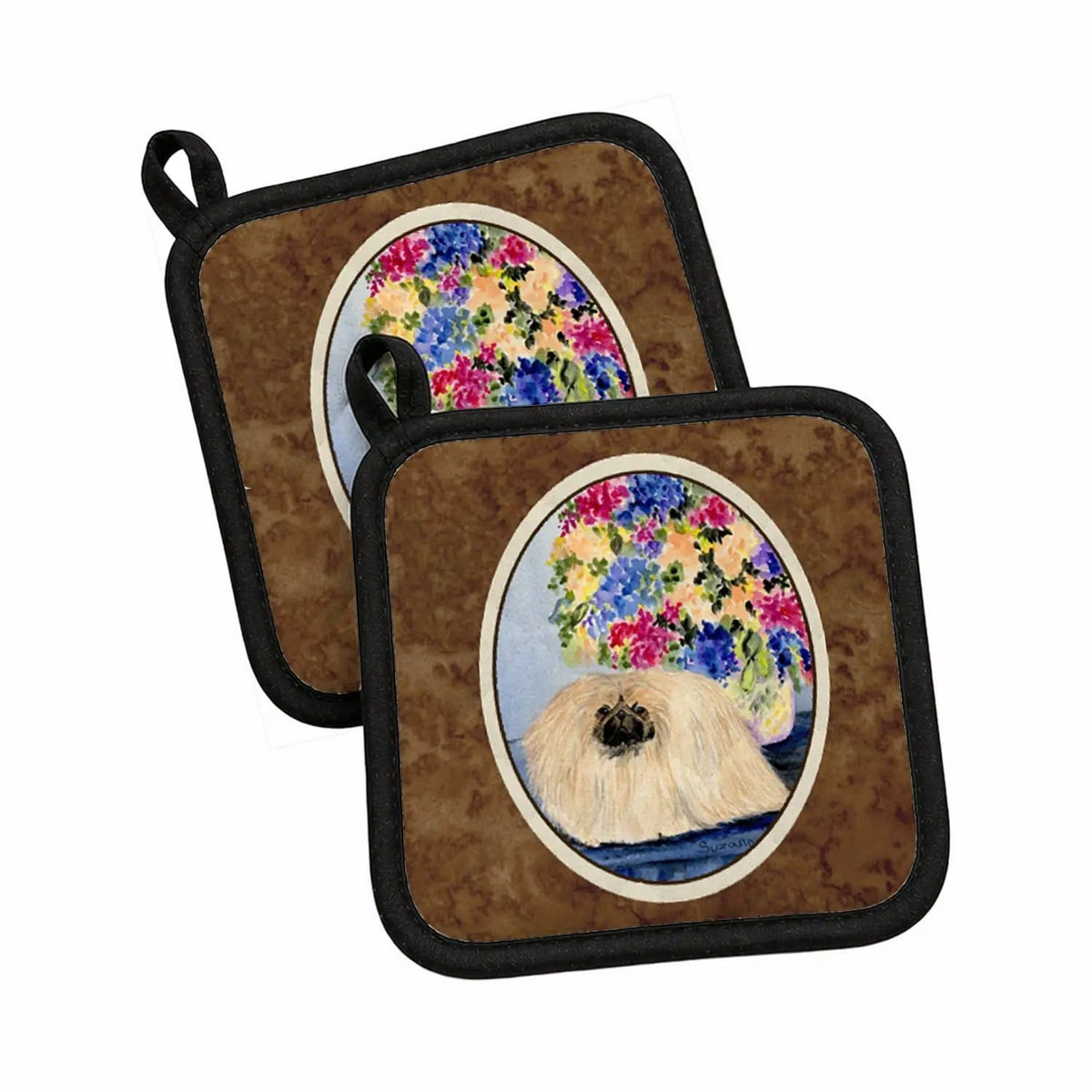 Pot Holder Set of 2 | Heat Resistant Quilted Hot Pads | 7.5 x 7.5 Inch | Pekingese