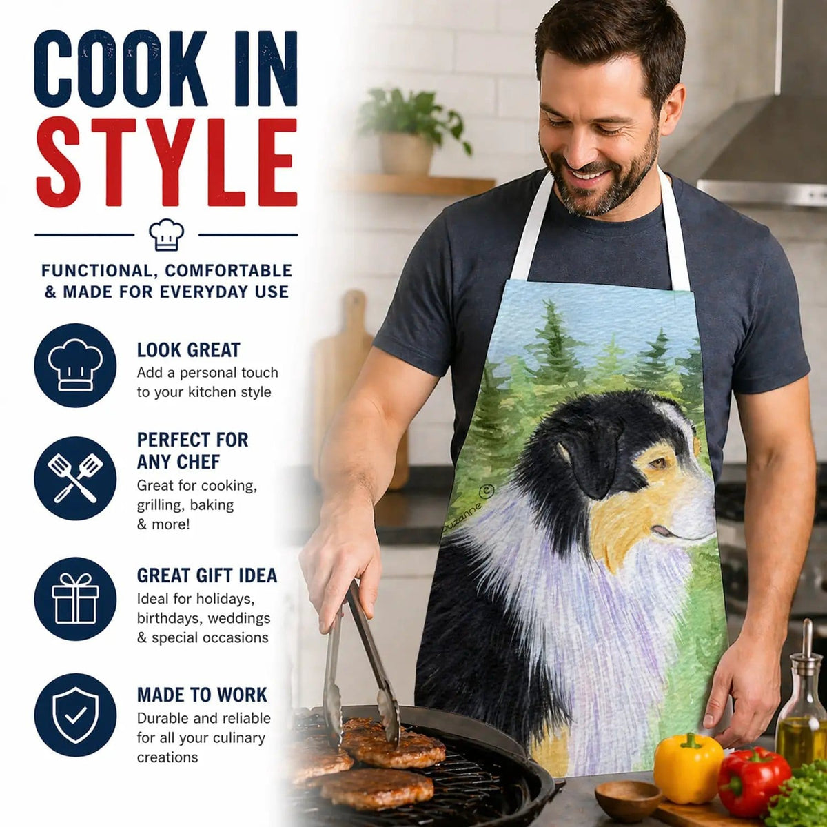 Kitchen Apron | Bib Style Unisex | 27"W x 30"H | Australian Shepherd (Style 6)