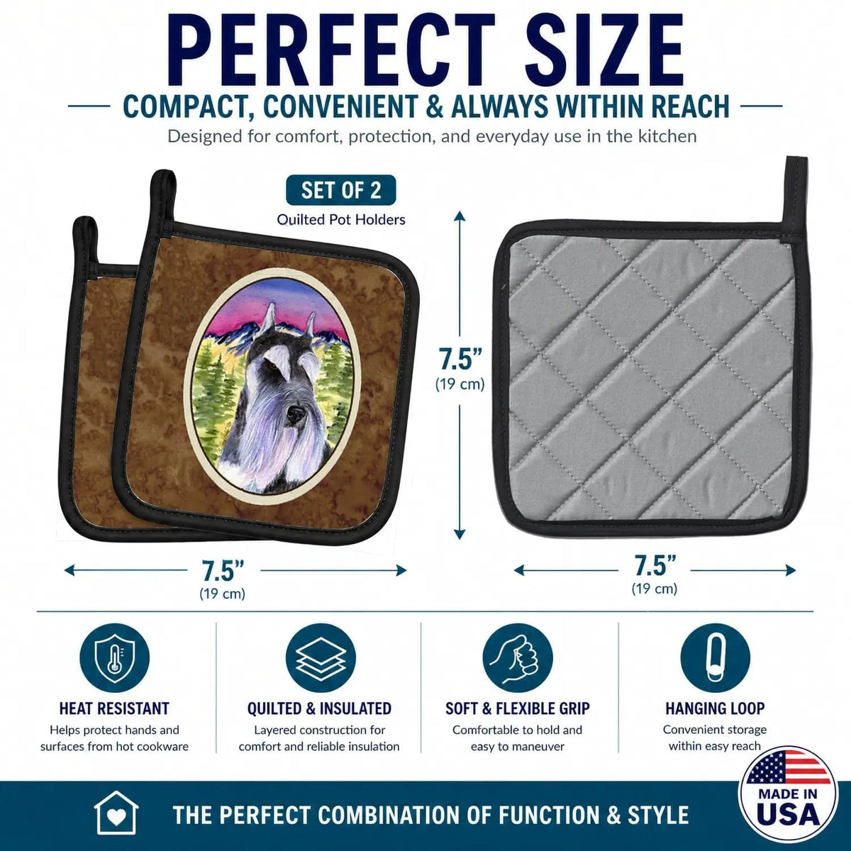 Pot Holder Set of 2 | Heat Resistant Quilted Hot Pads | 7.5 x 7.5 Inch | Schnauzer (Style 8)