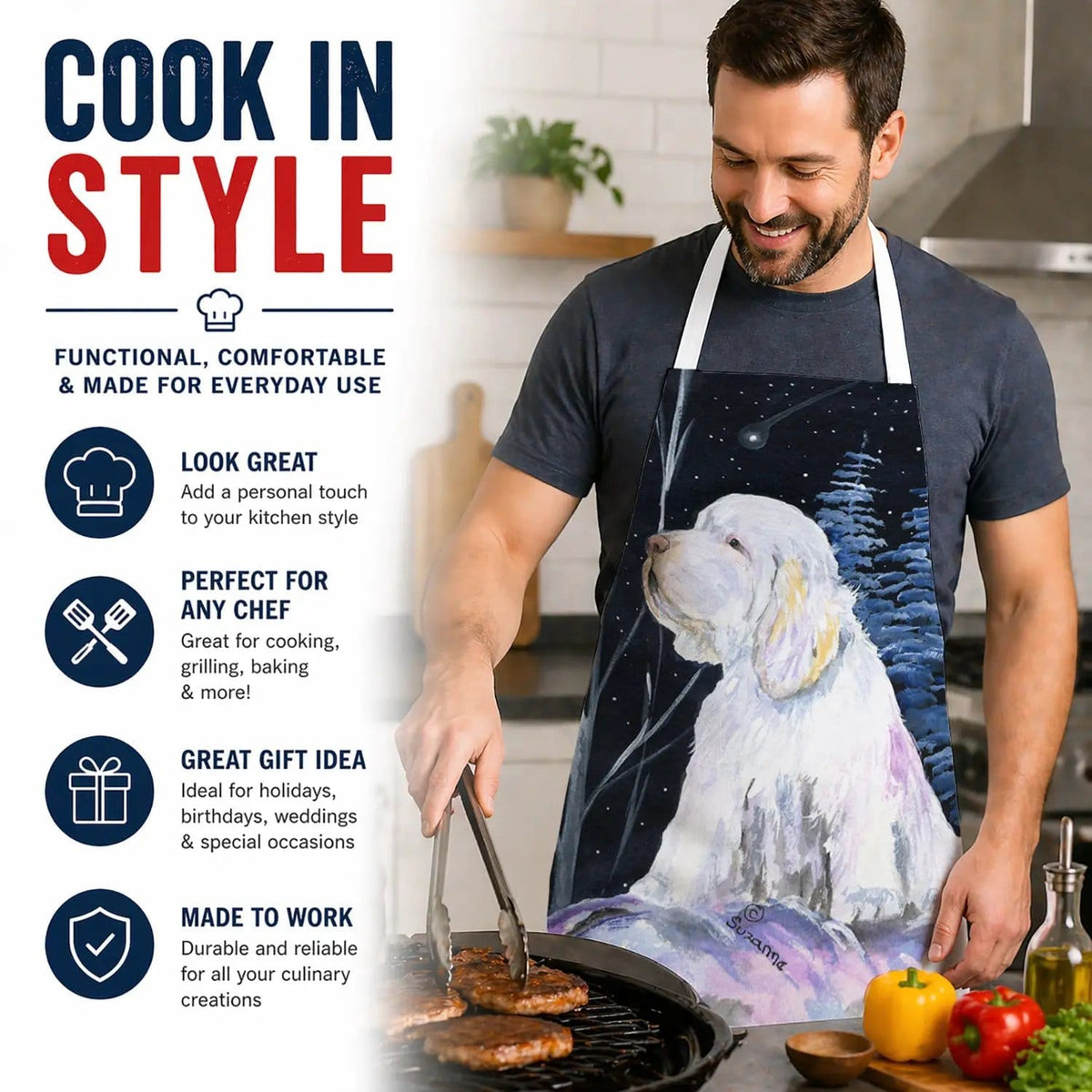 Kitchen Apron | Bib Style Unisex | 27"W x 30"H | Clumber Spaniel (Style 2)