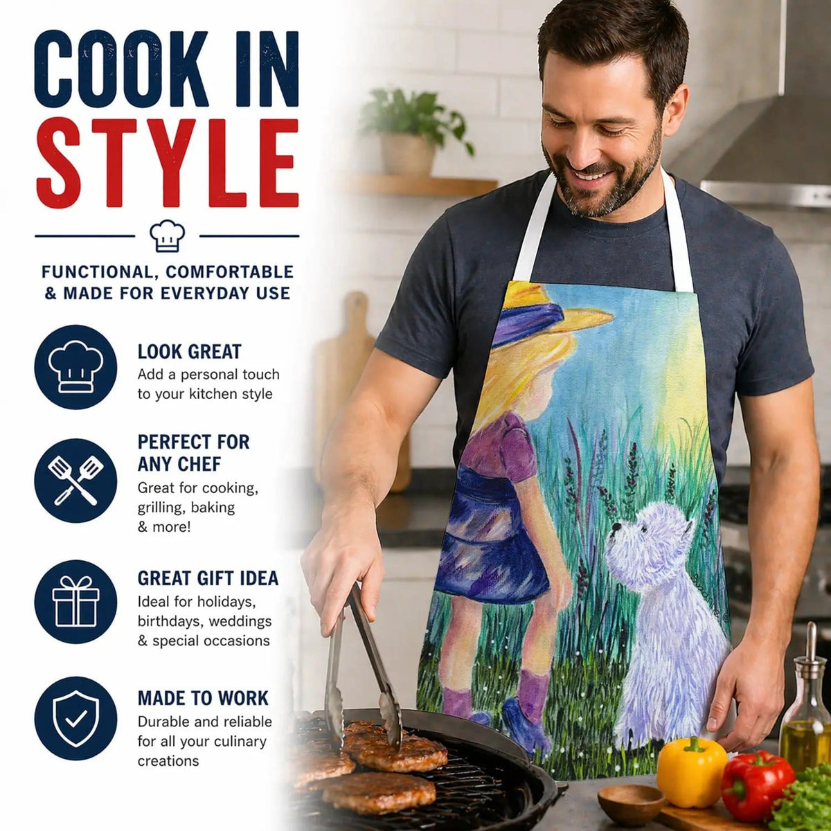 Kitchen Apron | Bib Style Unisex | 27"W x 30"H | Little Girl with Westie