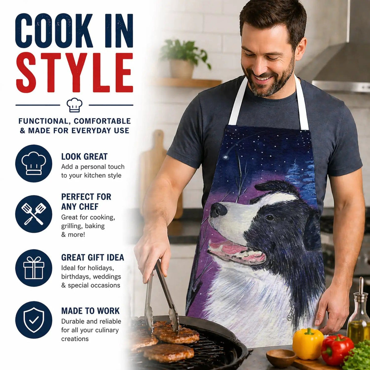 Kitchen Apron | Bib Style Unisex | 27"W x 30"H | Starry Night Border Collie