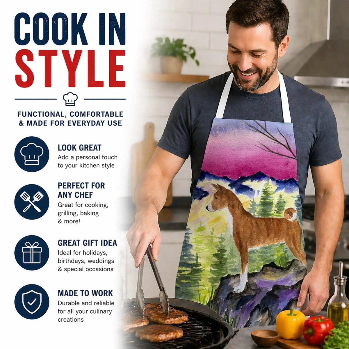 Kitchen Apron | Bib Style Unisex | 27"W x 30"H | Basenji (Style 2)