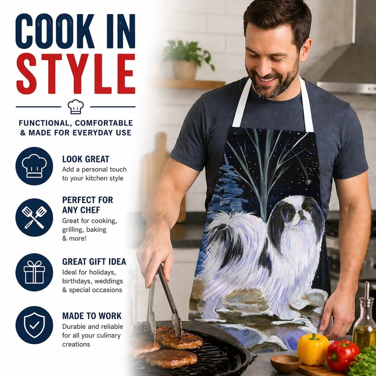 Kitchen Apron | Bib Style Unisex | 27"W x 30"H | Starry Night Japanese Chin
