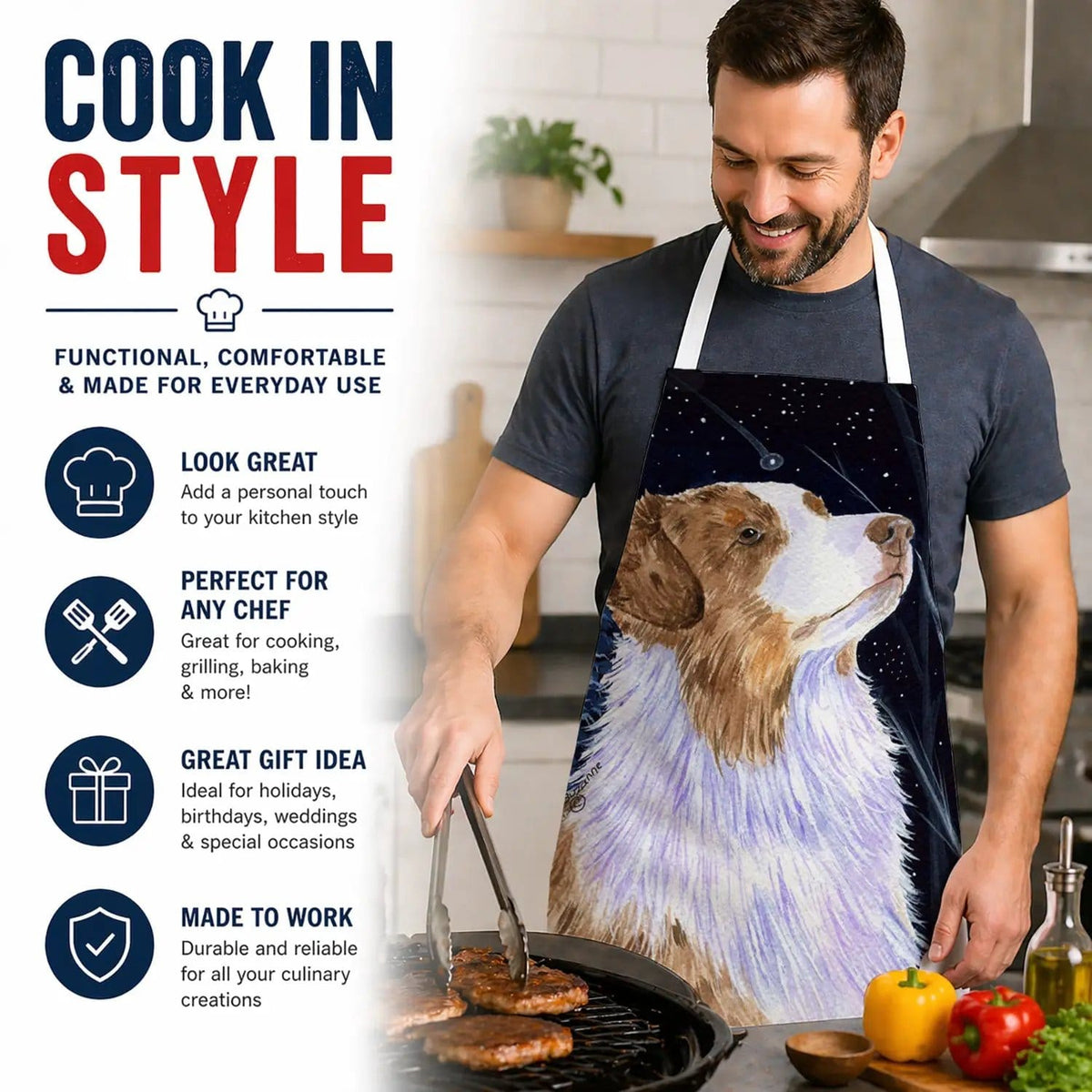 Kitchen Apron | Bib Style Unisex | 27"W x 30"H | Starry Night Australian Shepherd (Style 3)