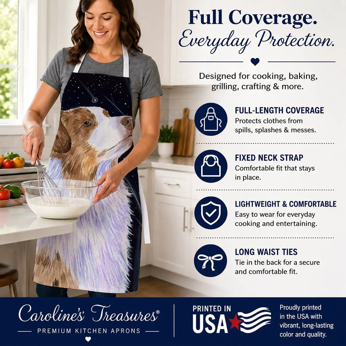 Kitchen Apron | Bib Style Unisex | 27"W x 30"H | Starry Night Australian Shepherd (Style 3)