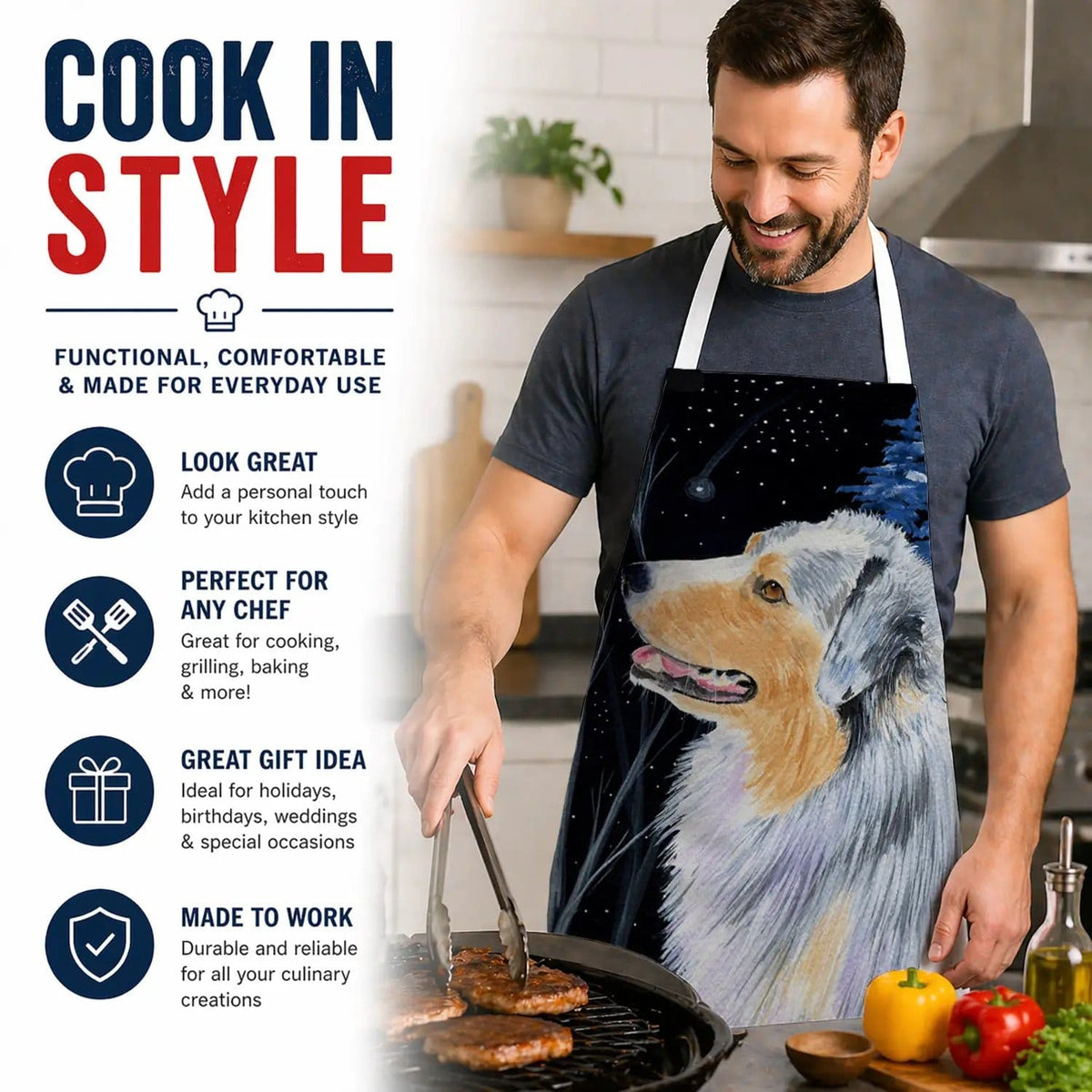 Kitchen Apron | Bib Style Unisex | 27"W x 30"H | Starry Night Australian Shepherd (Style 2)