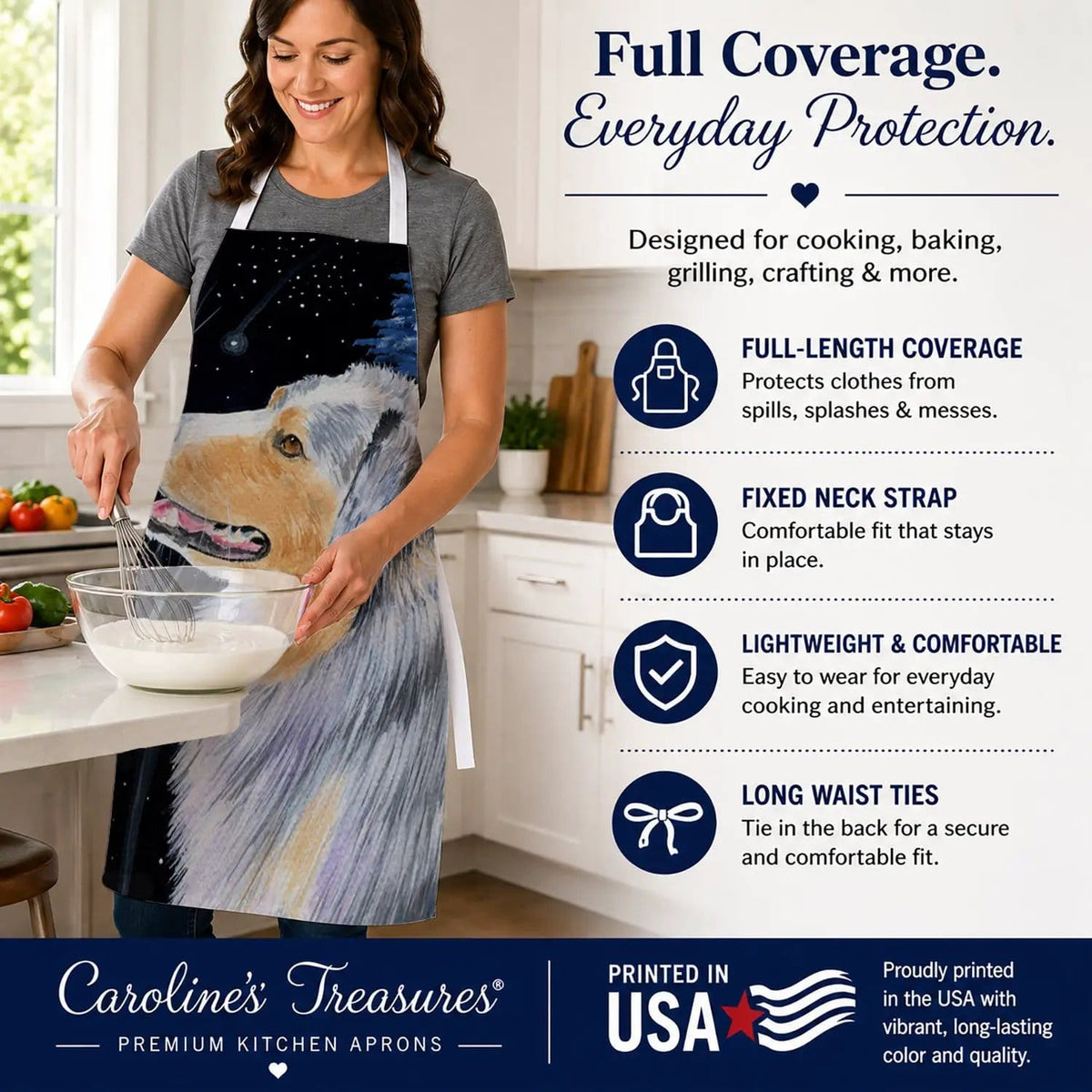 Kitchen Apron | Bib Style Unisex | 27"W x 30"H | Starry Night Australian Shepherd (Style 2)